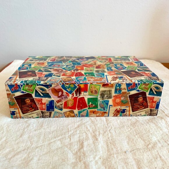 Unique Rare Beautiful Lacquered Decorative Stamp Collection Wooden Box with Lid - Picture 3 of 4